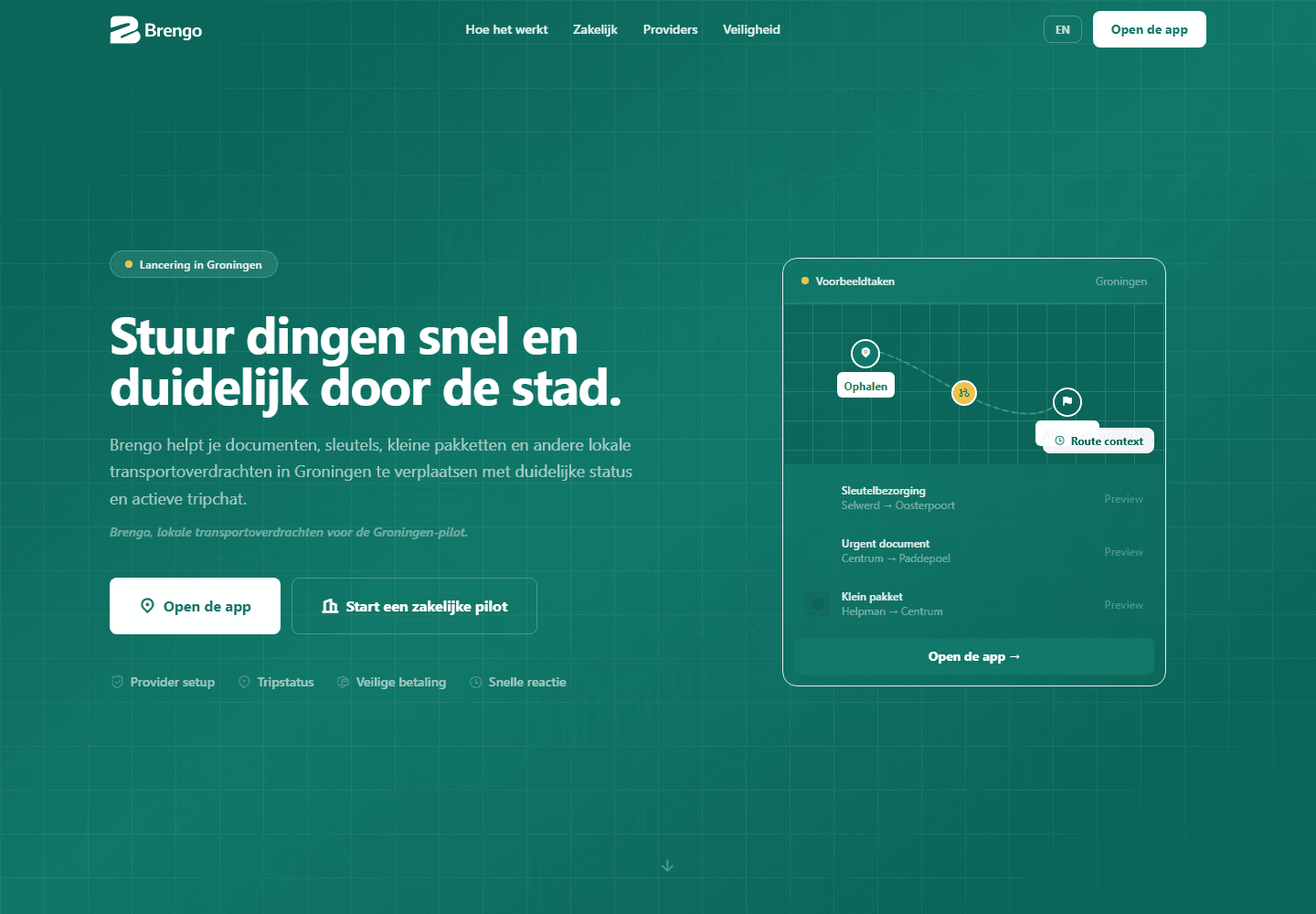 Scherm van de Brengo-pilotwebsite