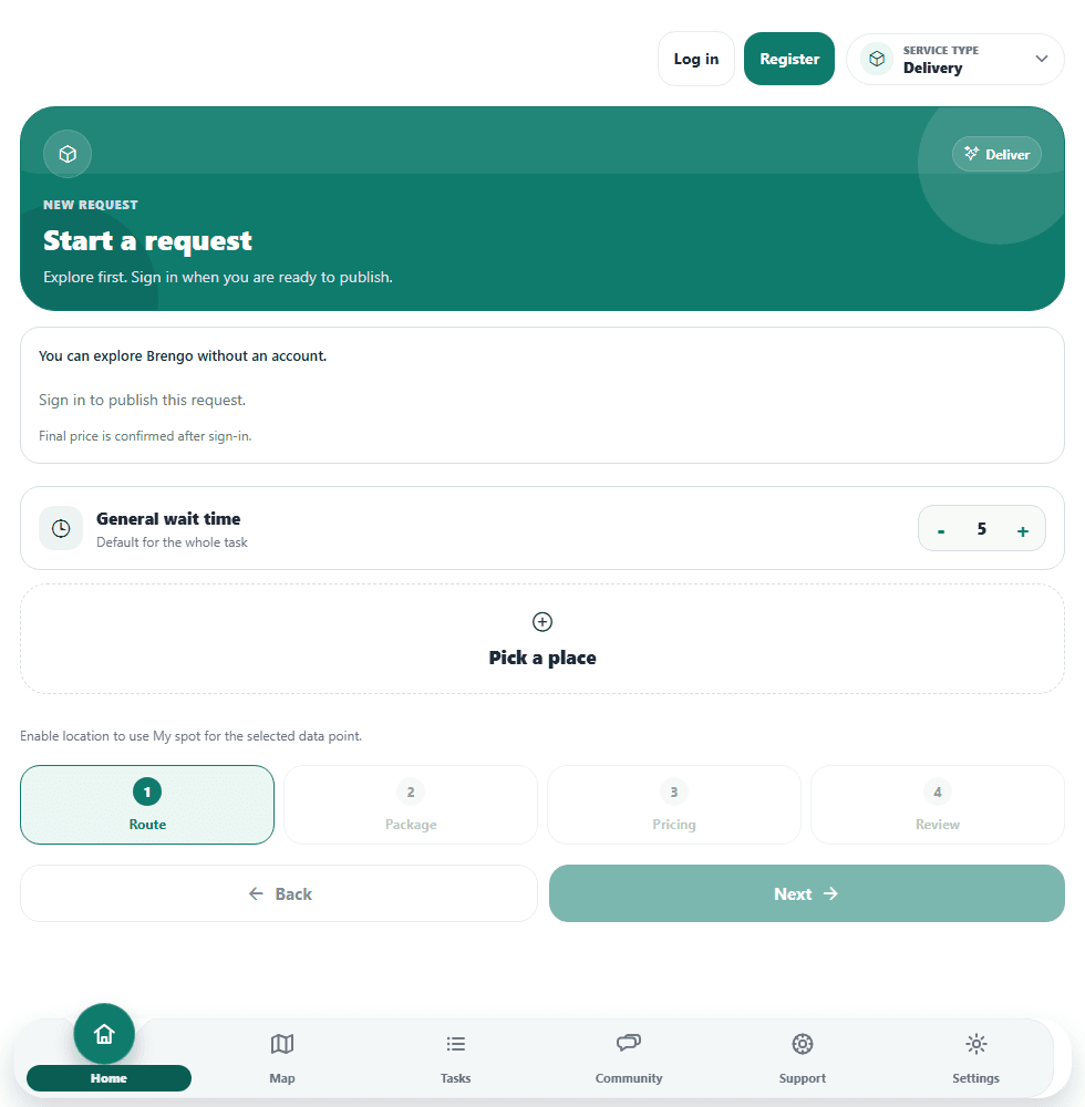Brengo-webapp met de stappen Route, Package, Pricing en Review voor een nieuwe aanvraag.