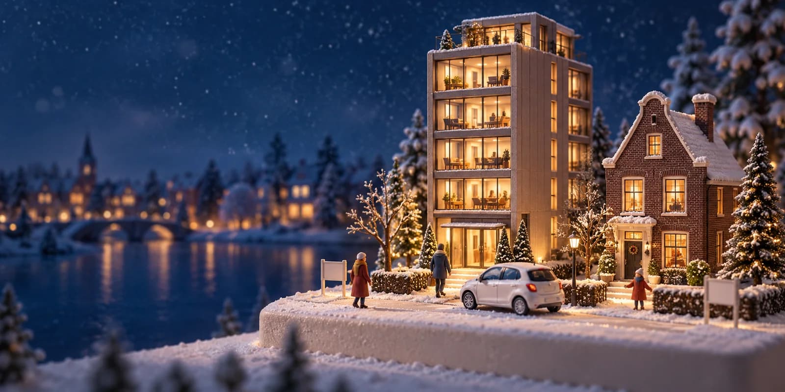 Eigen winterdorpconcept met kantoortoren, huis, merkloze auto en anonieme figuren