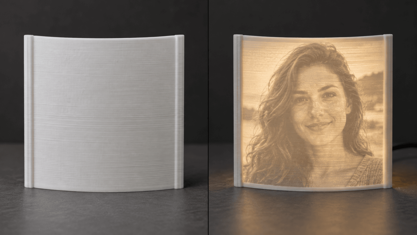 The same lithophane panel without light and with backlighting, demonstrating how thickness creates an image