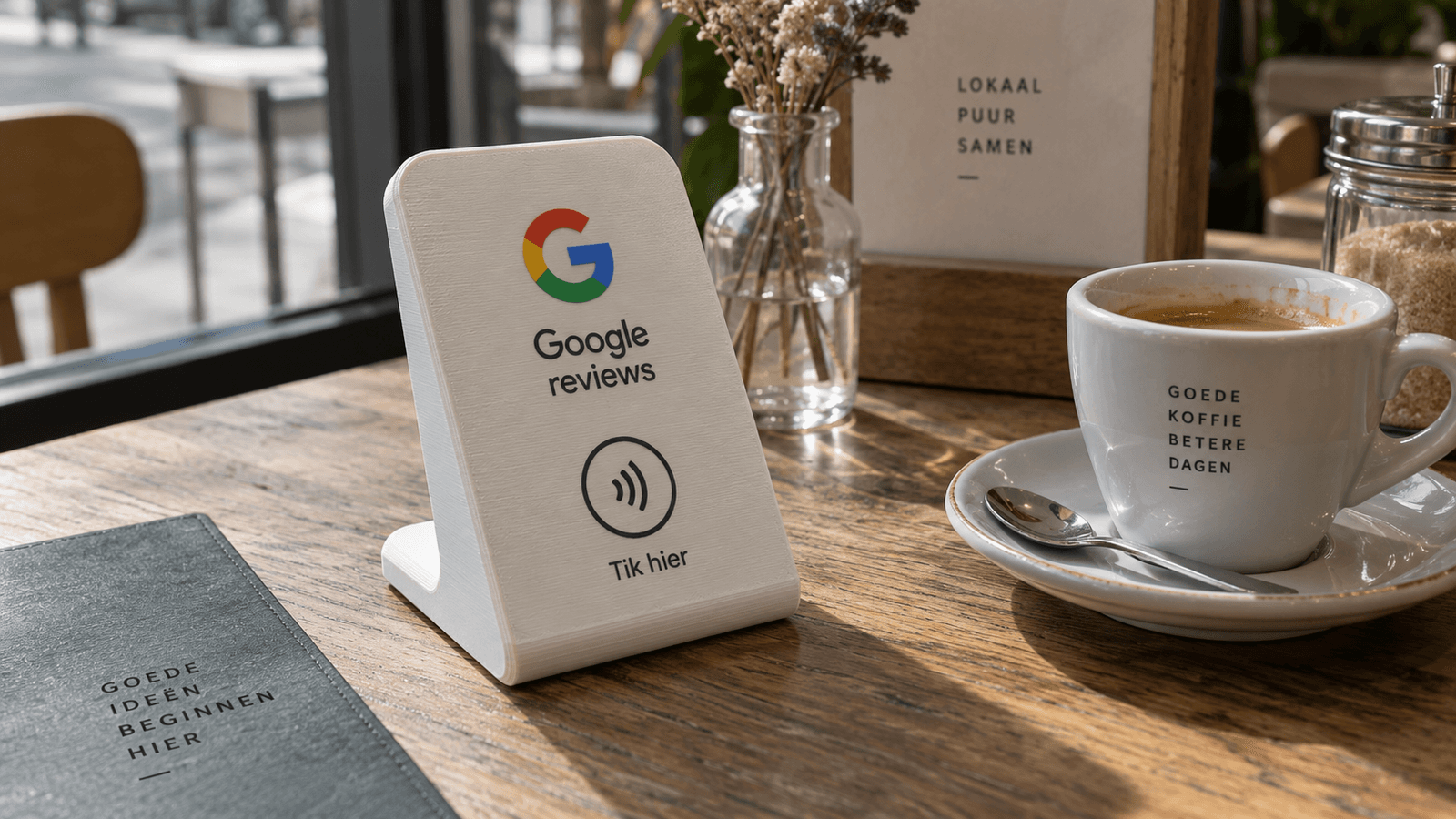 Wit premium Google Reviews tafelstandaardje met NFC-symbool op een cafétafel