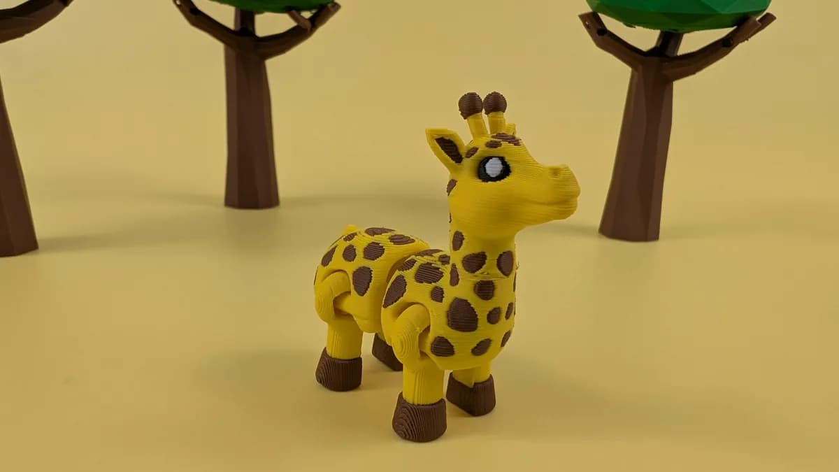 Beweegbare giraffe-sleutelhanger: gele giraffe met bruine vlekken, bruine hoefjes en hoorntjes, staand op een gele achtergrond