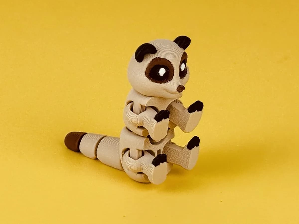 Beweegbare stokstaartje-sleutelhanger rechtop, zandbeige met donkere oogvlekken en donkere staartpunt, op een gele achtergrond