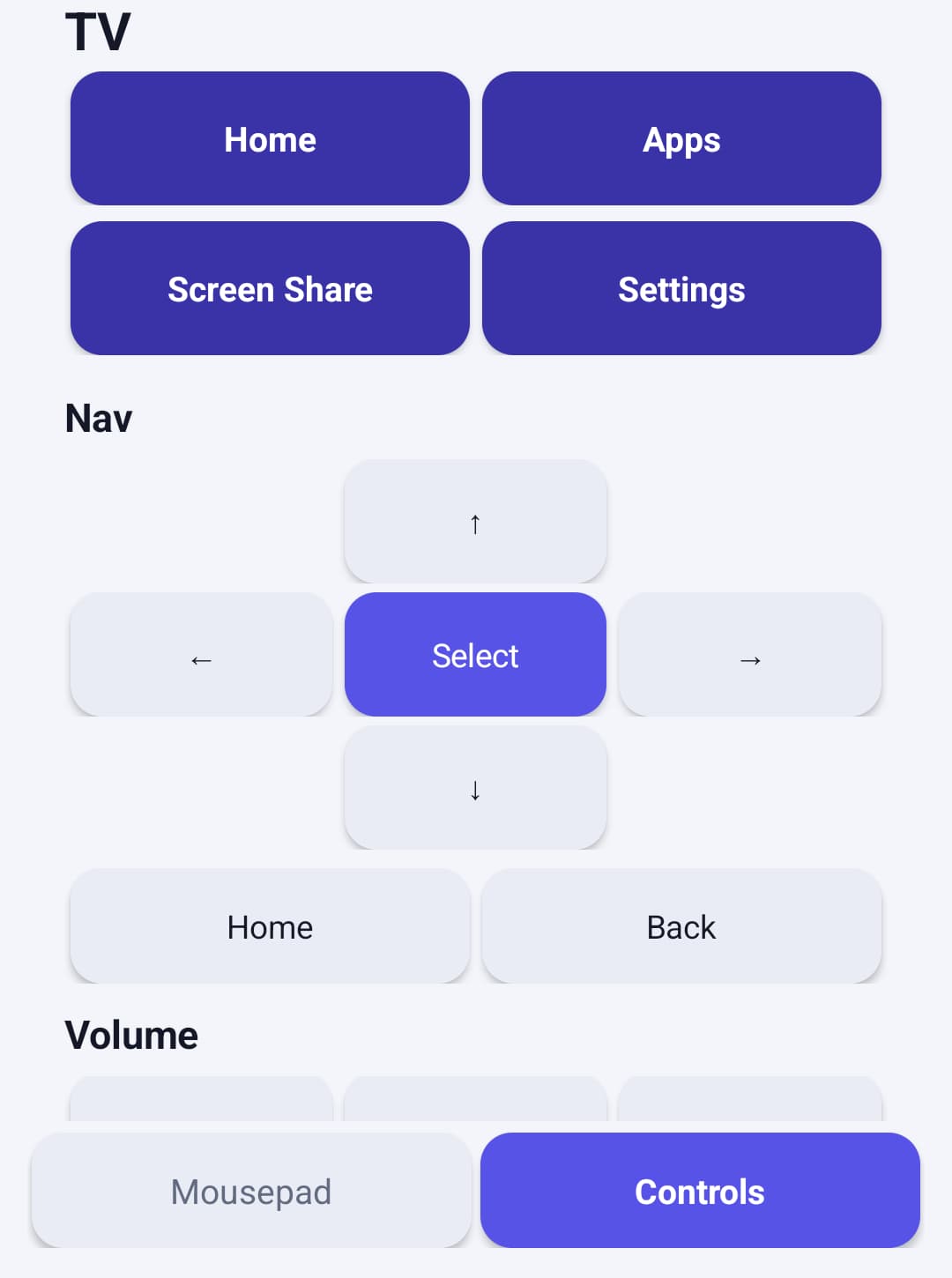 Crop of the CouchBridge Remote Android debug app Controls tab with TV navigation and volume