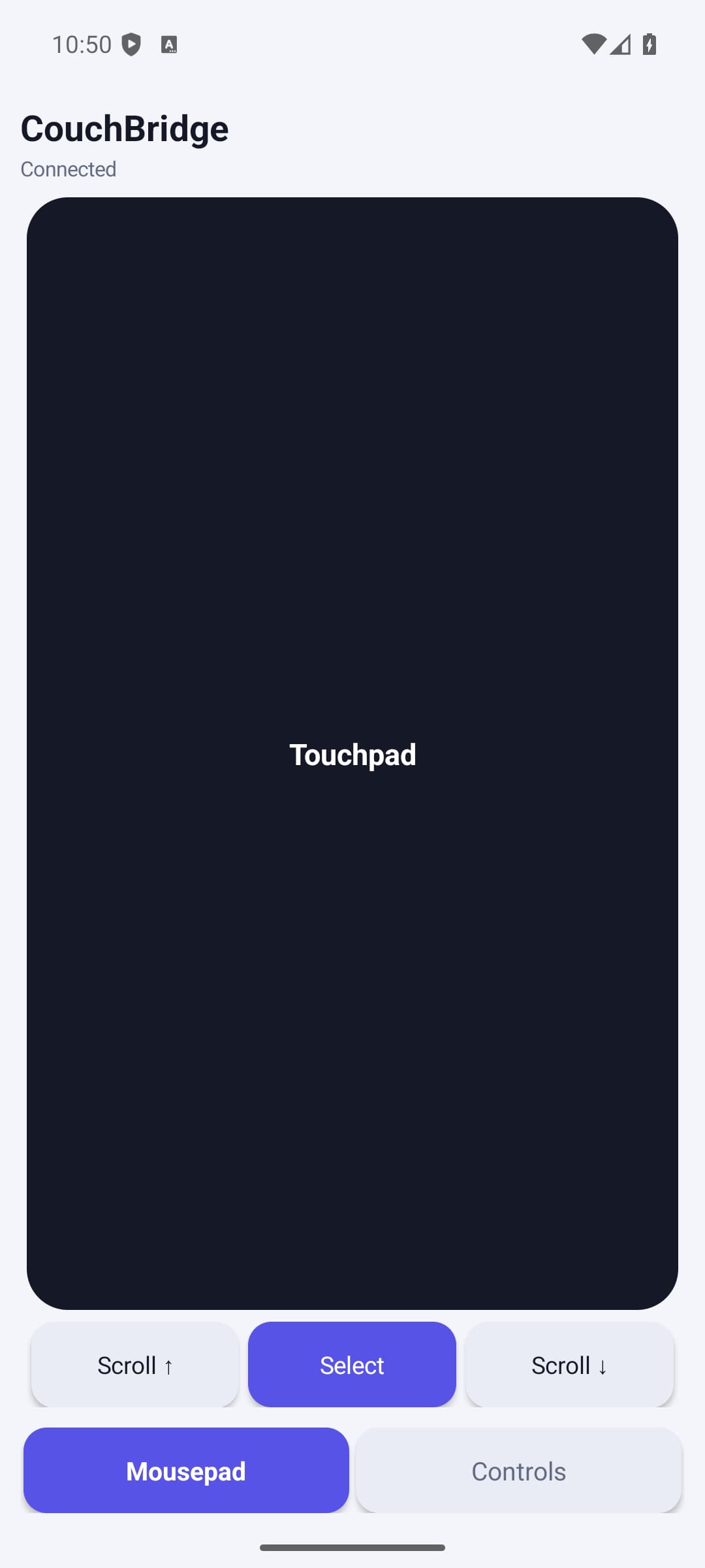CouchBridge Remote Android debug app showing the large Mousepad touch area