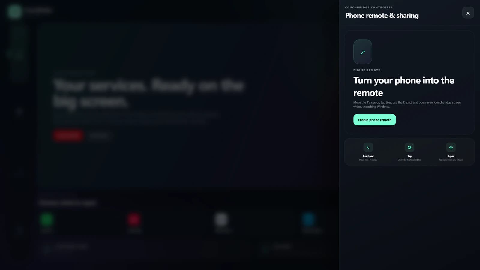CouchBridge phone-remote panel with pairing switched off
