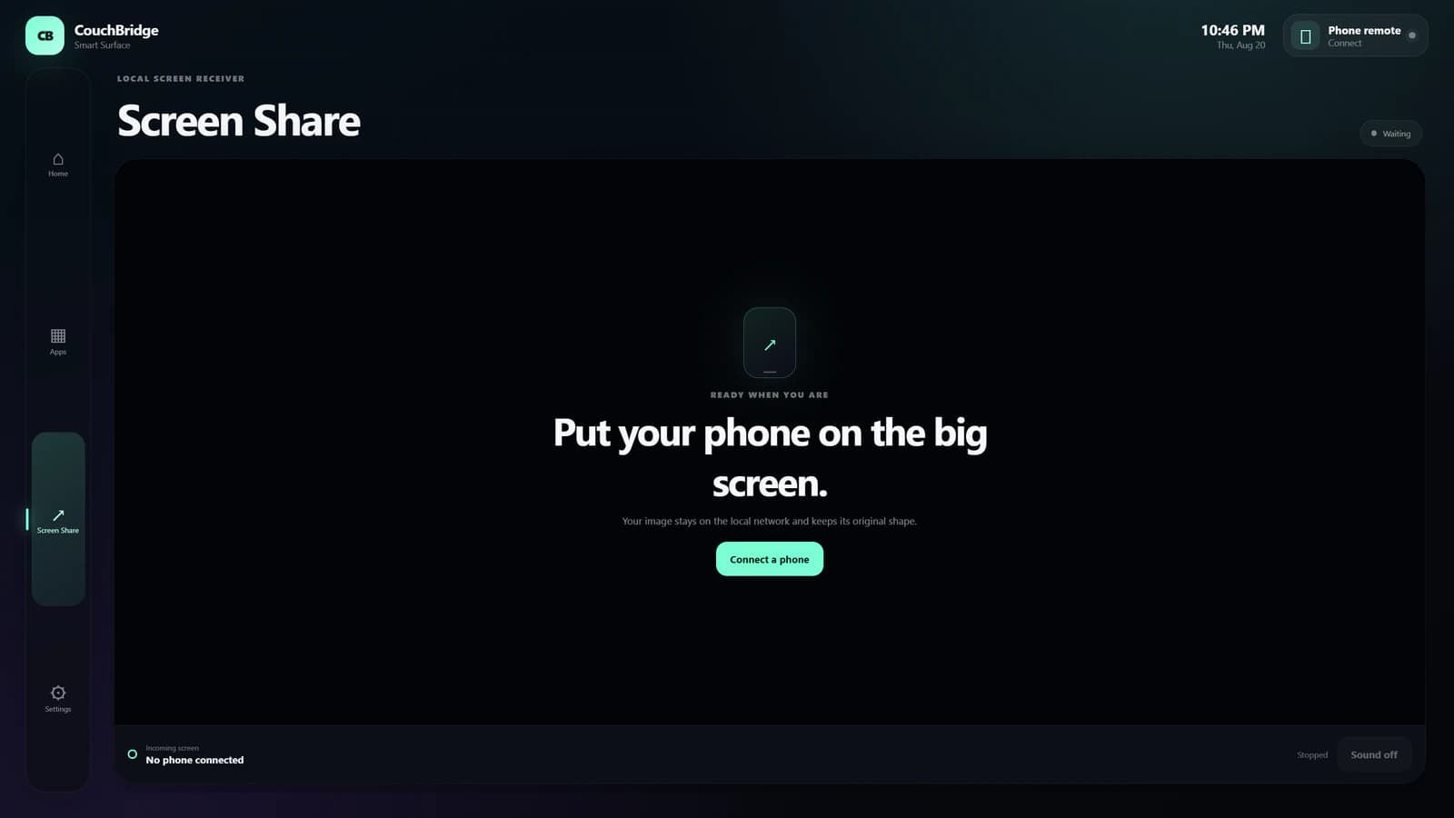 CouchBridge Screen Share idle state with no phone connected