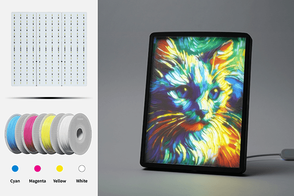 Official MakerLab example of a colourful backlit cat portrait using CMYK filaments.