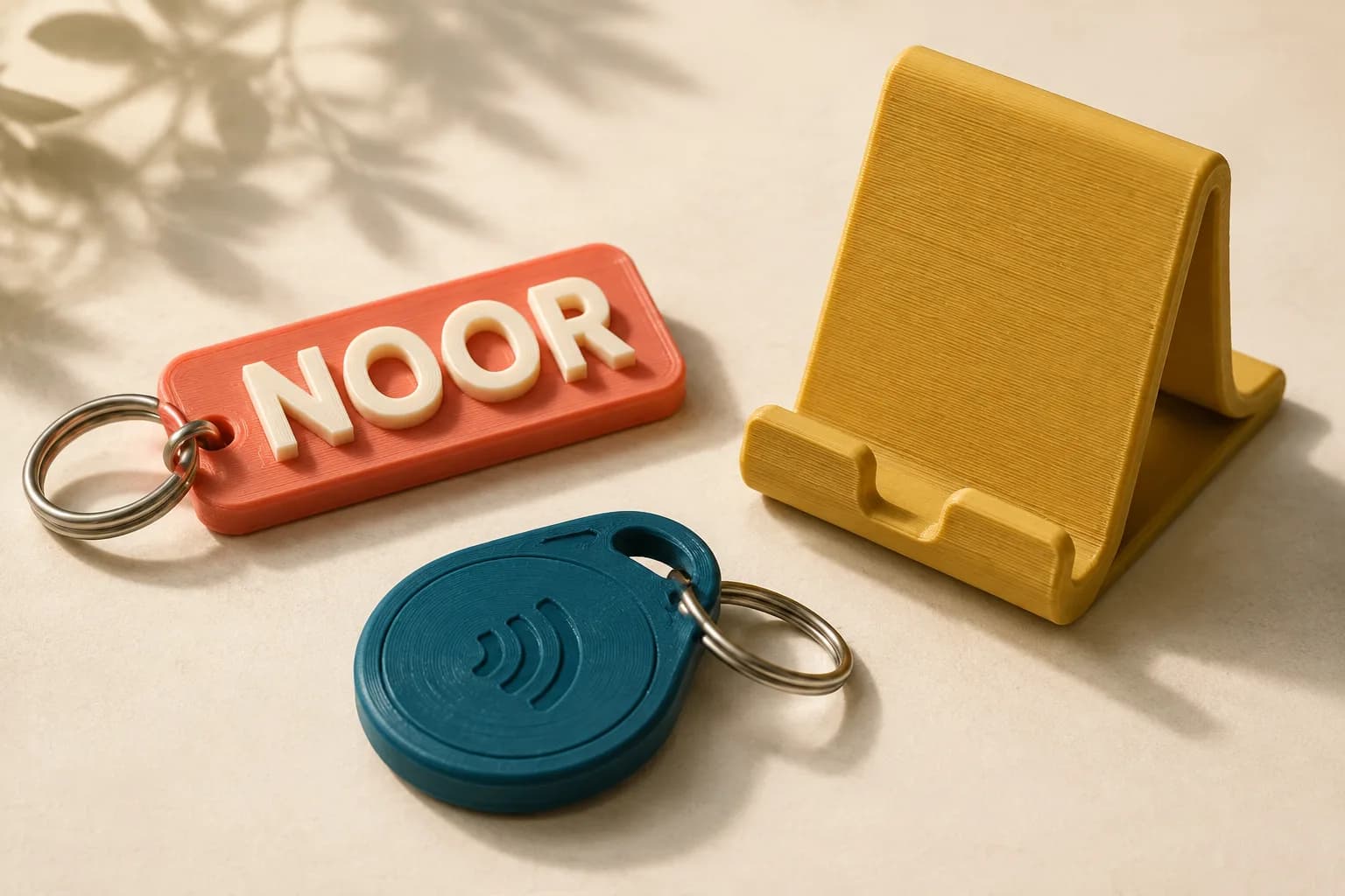 Illustratie: naam-sleutelhanger, NFC-sleutelhanger en kunststof telefoonstandaard