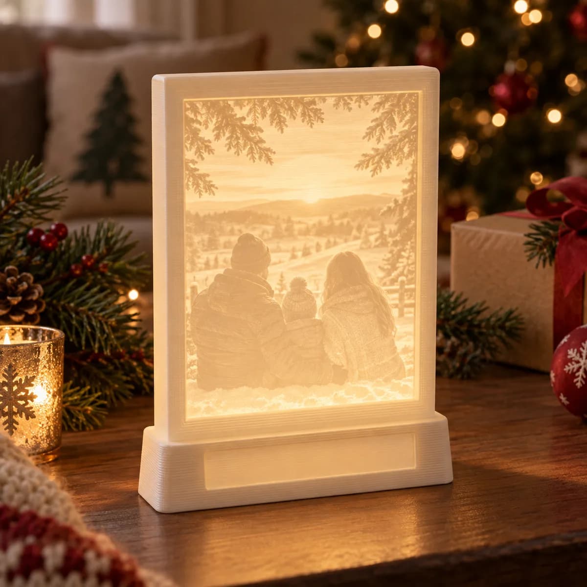 Concept image of an illuminated lithophane Christmas photo in a printed holder