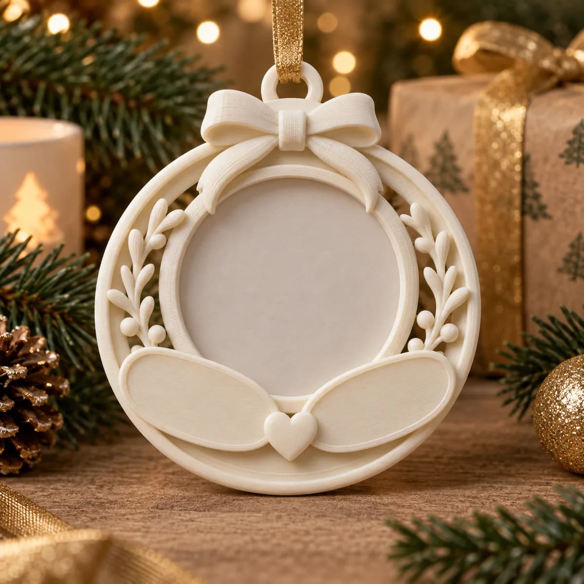Concept image of a printed First Christmas ornament with photo and name areas