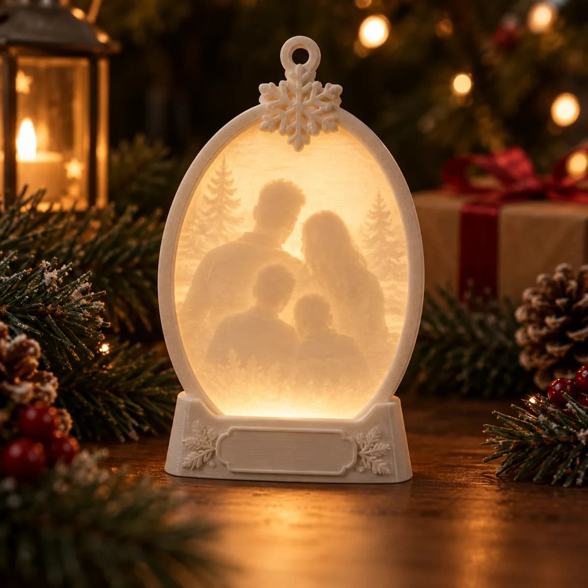 Concept image of a backlit lithophane Christmas ornament revealing a photo
