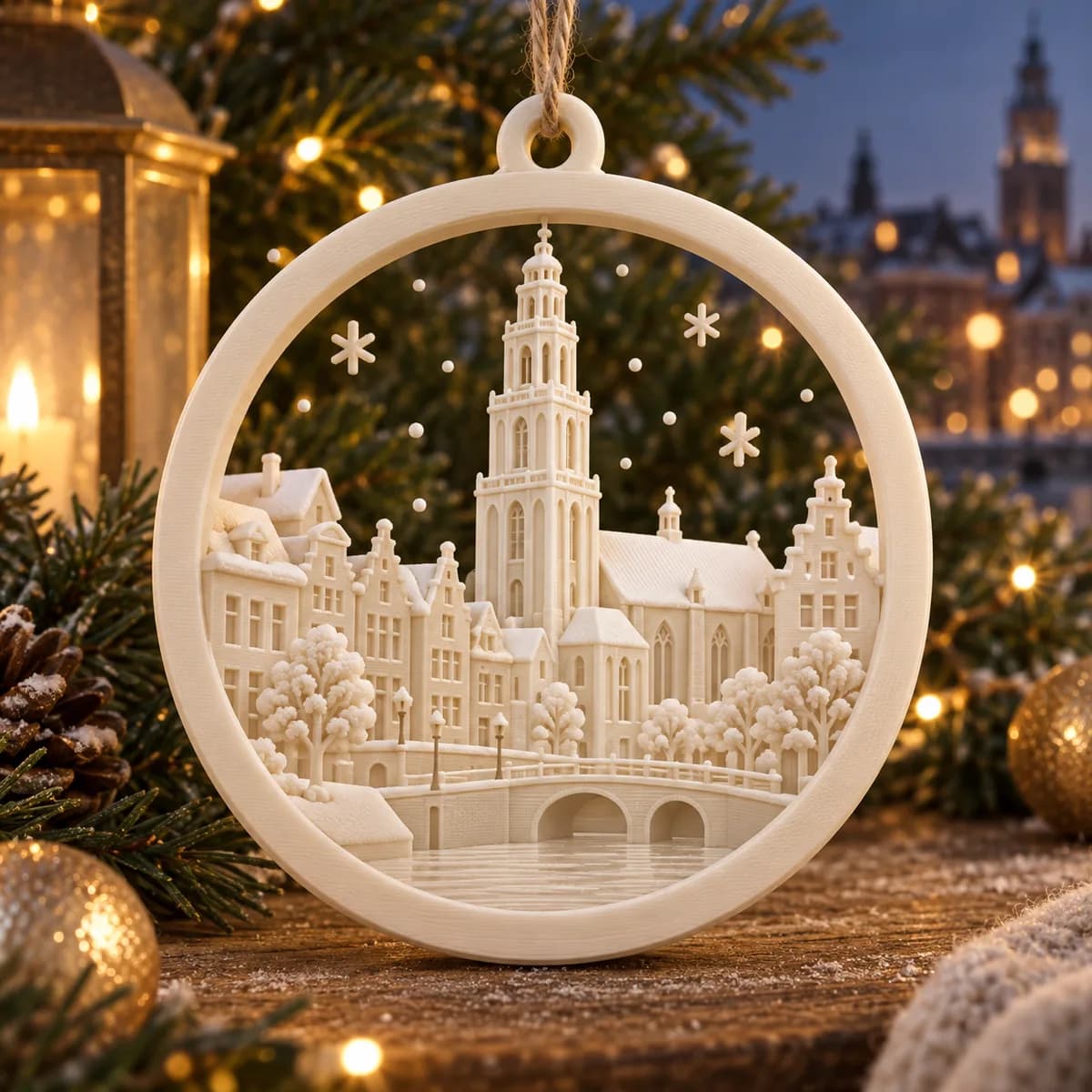 Concept image of a printed Groningen ornament with a winter skyline