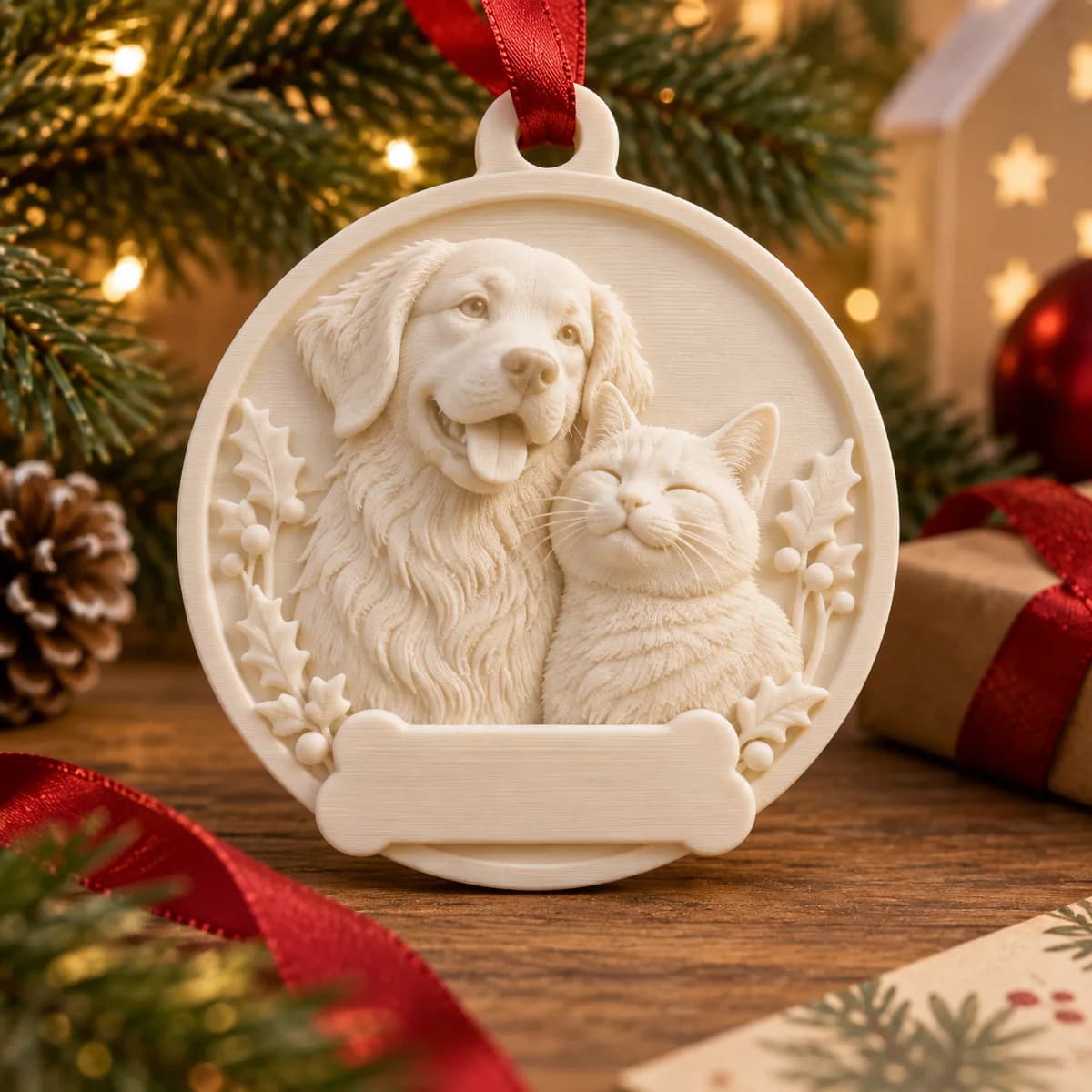 Concept image of a printed pet ornament with a relief and name area