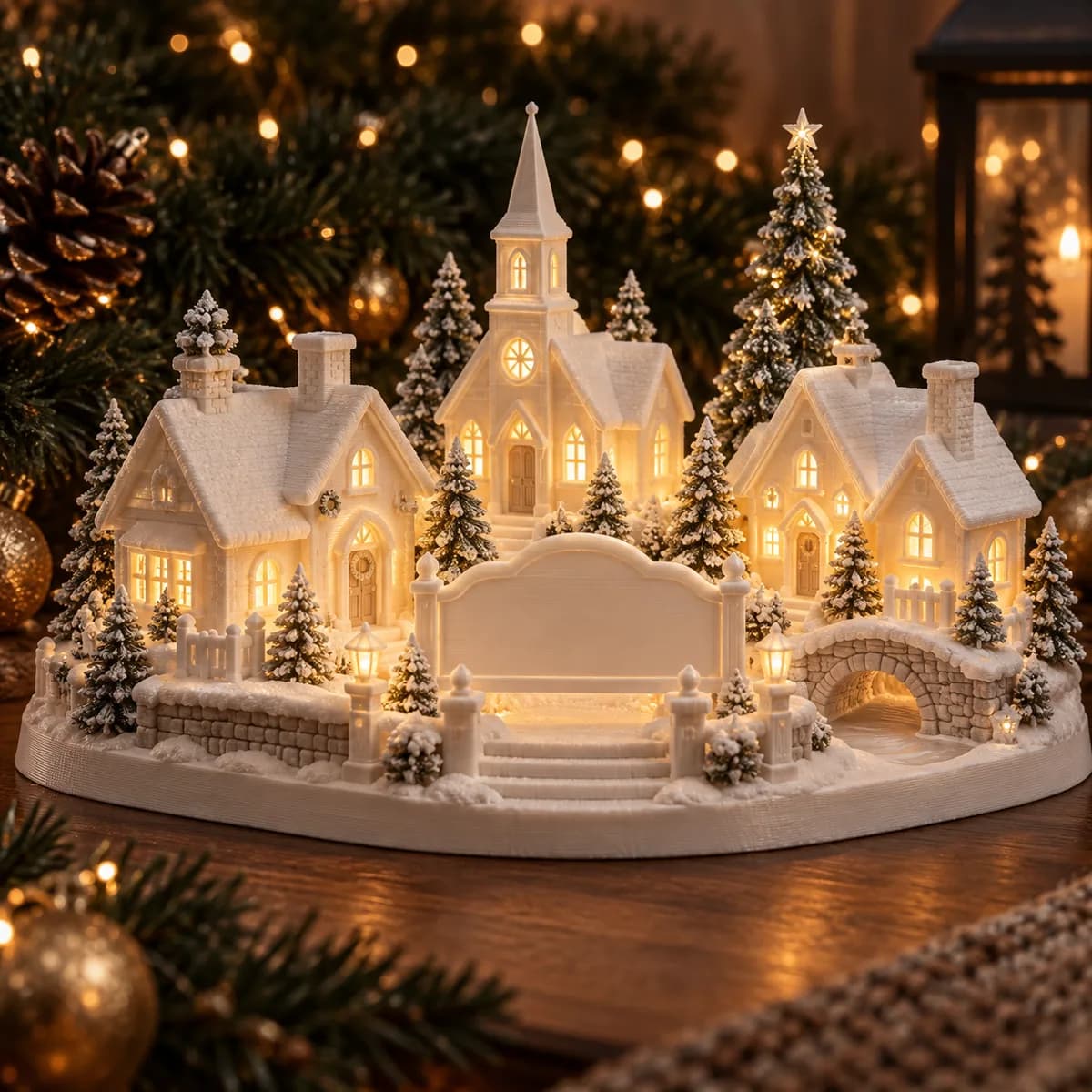 Concept image of an illuminated printed Christmas village with a name area