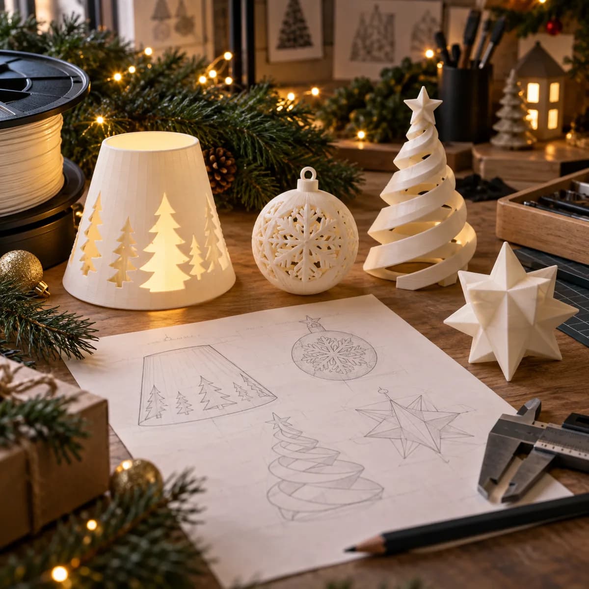 Concept image of custom Christmas decorations and printed prototypes on a design workbench