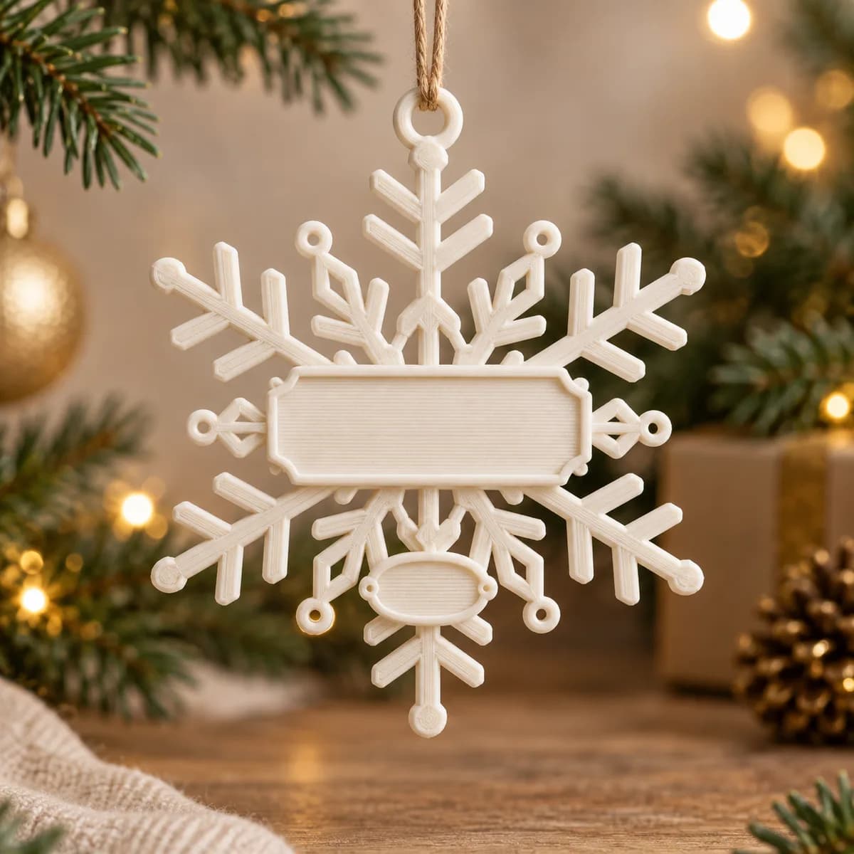 Concept image of a printed snowflake ornament with spaces for a name and year