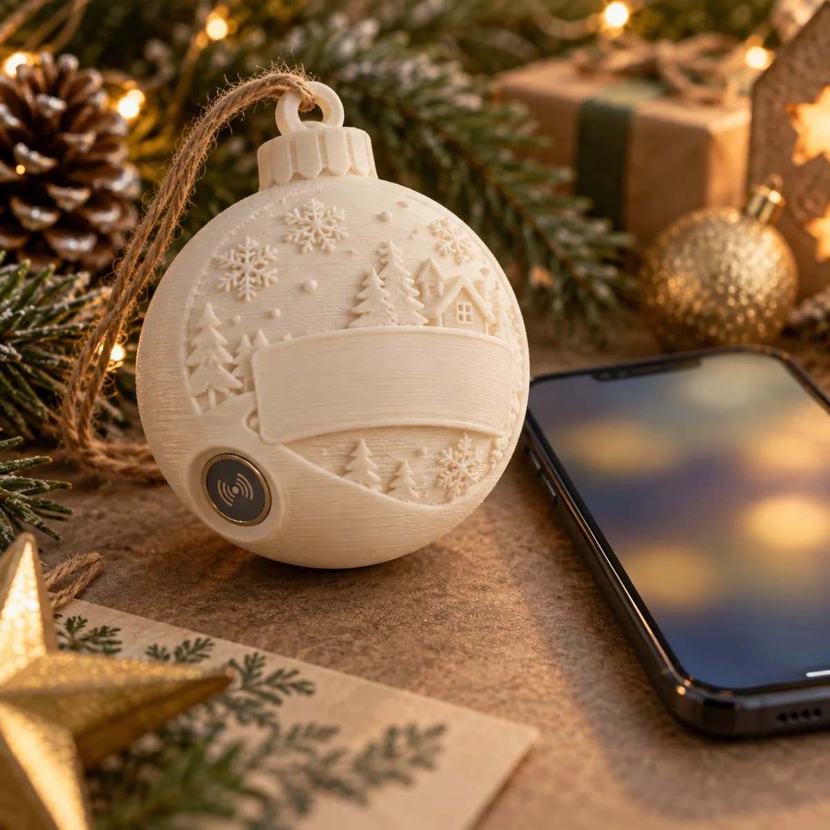 Concept image of a printed NFC Christmas ornament beside a phone