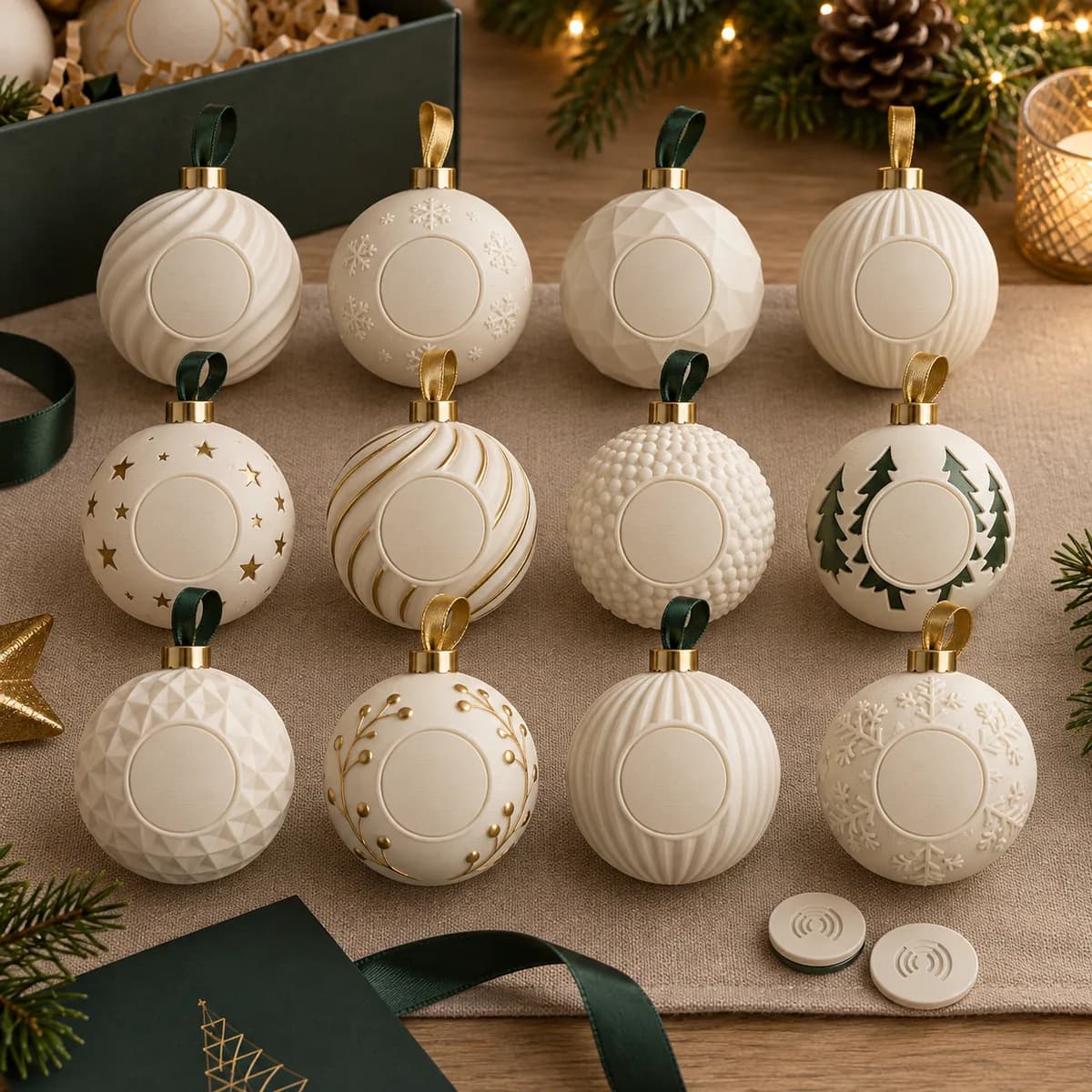 Concept image of a business batch of printed ornaments with blank logo areas