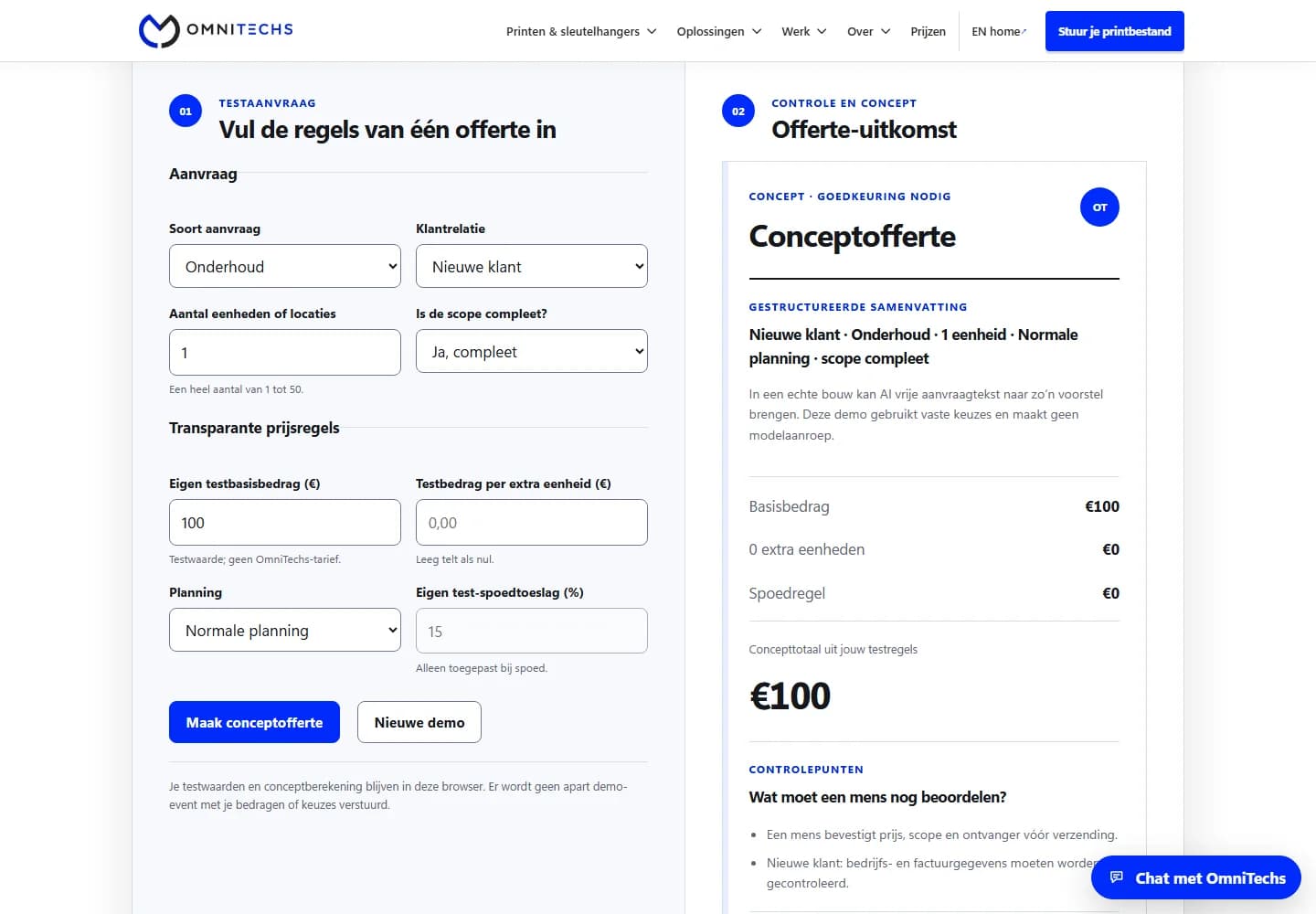 Schermafbeelding van een fictieve offerteflow-demo, geen live koppeling