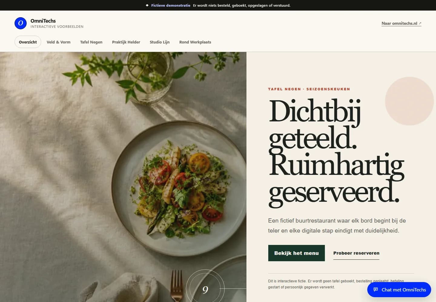 Schermafbeelding van de fictieve restaurantdemo, geen klantwebsite