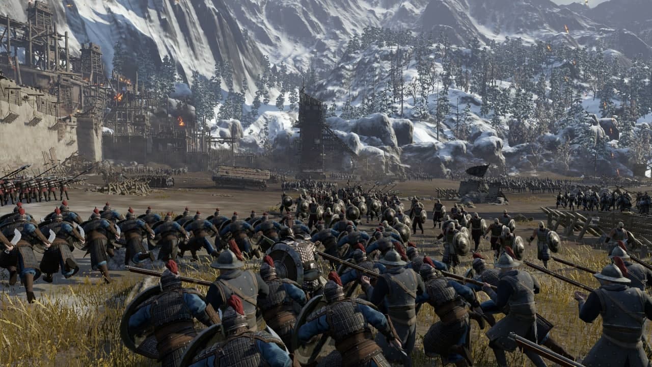 Een leger soldaten dat over een besneeuwd berglandschap oprukt naar een versterkt kamp