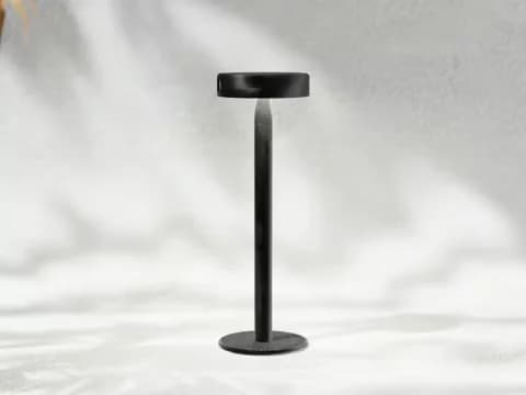 Aura-makerbeeld van de donkere slanke steel, ronde voet en ondiepe schijfkap tegen een lichte achtergrond