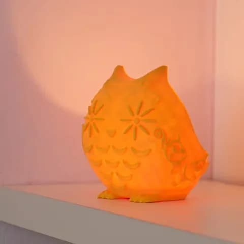 Orange Coocoo creator example from an angle, showing star-shaped eyes and feather relief