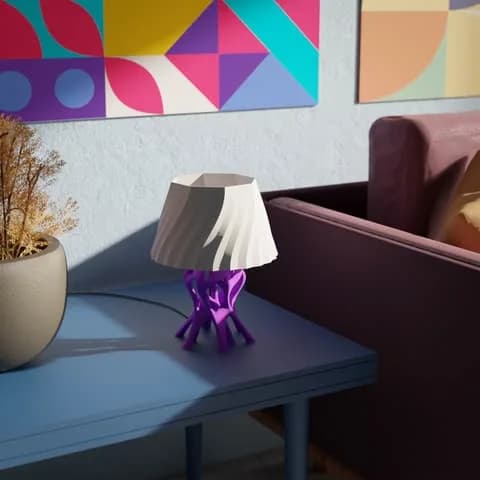 Onverlicht Neuro-ontwerpvoorbeeld van kraken.stl: paarse open wortelvoet en lichte kap op een blauwe tafel
