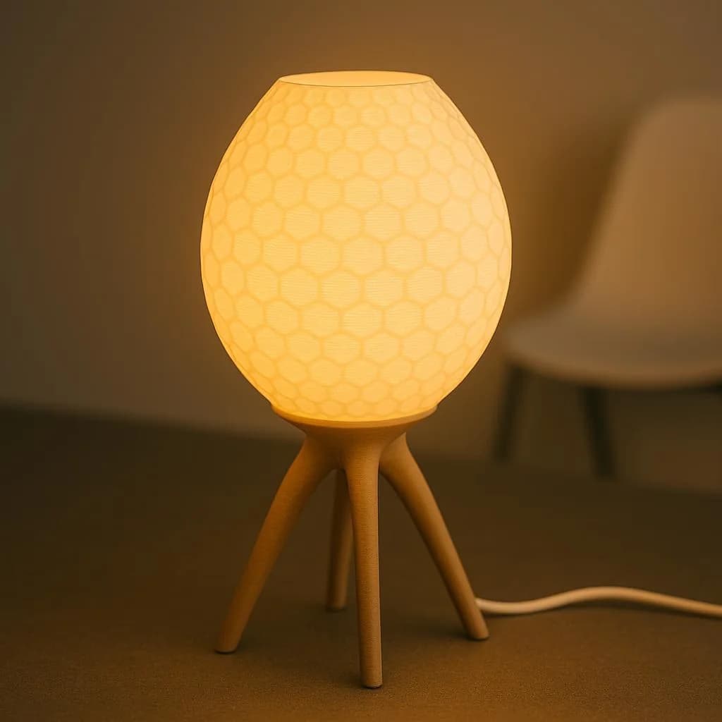 Verlicht makerbeeld van Pollen met honingraatkap boven een beige vierpotige voet