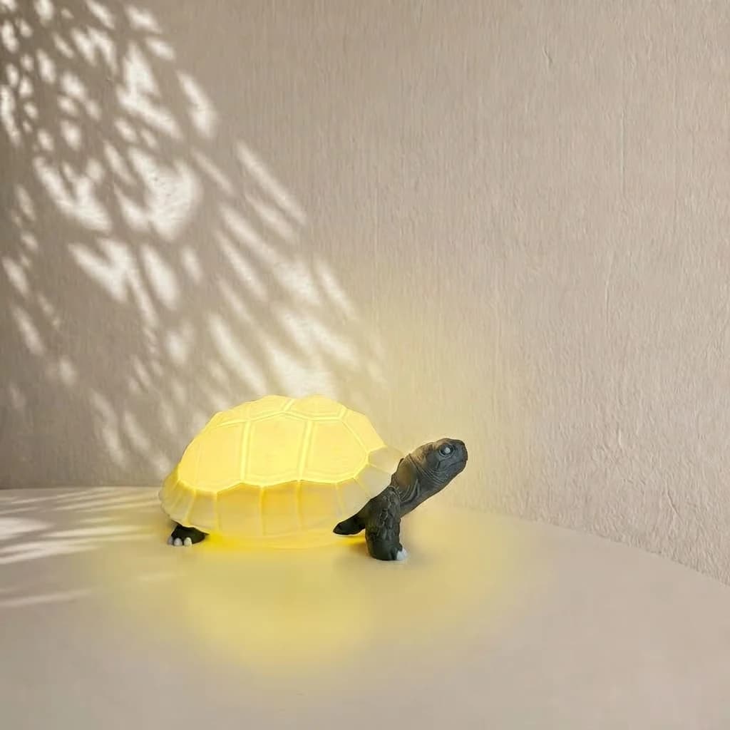 Makerbeeld van de Tortoise schildpadlamp met verlichte losse schildkap en donker lichaam