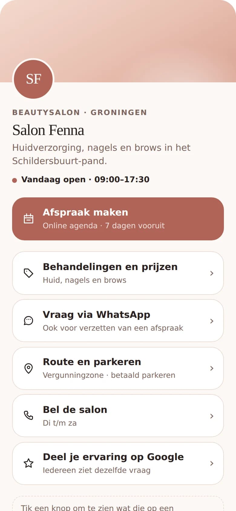 Smart Link-demonstratie voor de fictieve schoonheidssalon Salon Fenna
