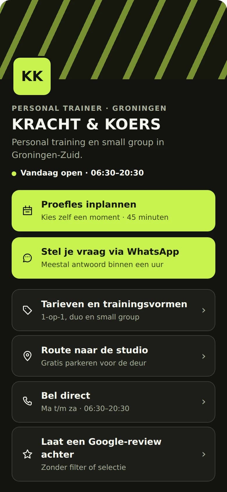 Smart-linkvoorbeeld van personal trainer Kracht & Koers op een telefoonscherm.