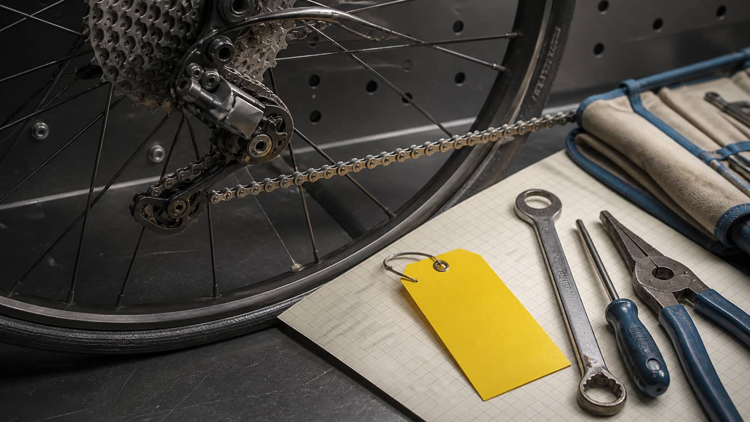 Grafische, opgeruimde fietsreparatiewerkplaats van de fictieve ROND Werkplaats.
